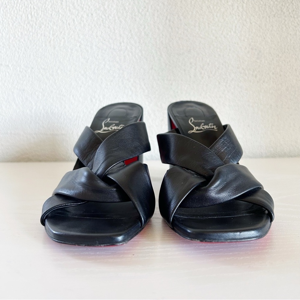 Christian Louboutin Black Leather Crisscross Block Heel Sandals with Red Sole - Picture 6 of 13
